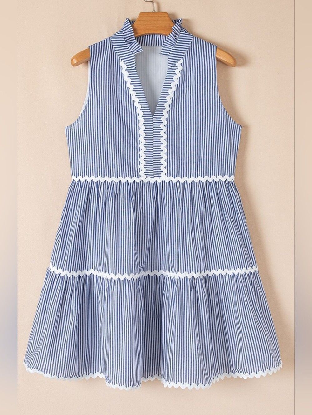 Fun Casual Summer Blue and White Stripe Sleeveless Tiered Country Dress - Picture 10 of 15